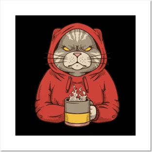 Angry cat with hoodie and coffee Posters and Art